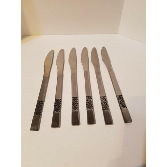 Vintage Set of 6 Satin Swirl Flatware Stainless Steel Japan Dinner Knives - Picture 4 of 4